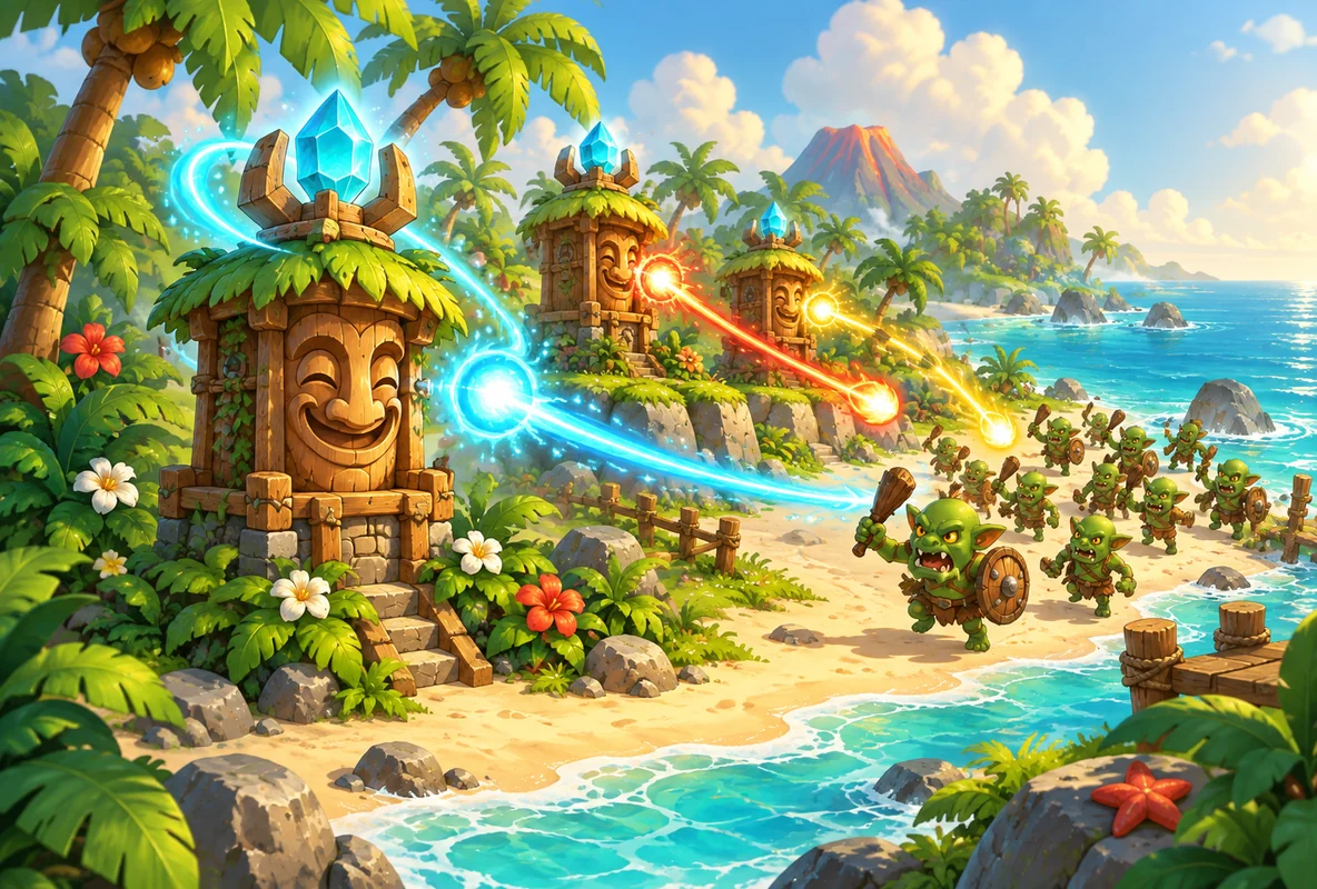 Tropical island towers firing colorful magic at quirky enemies; Tiki Defense is coming soon.