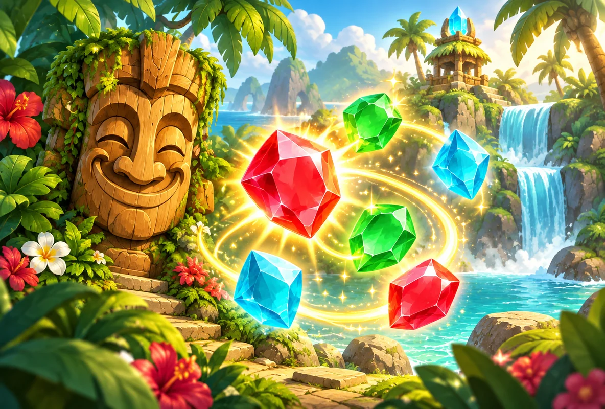 Colorful puzzle gems, cascading magic, and a cheerful tiki; Tiki Puzzle is coming soon.